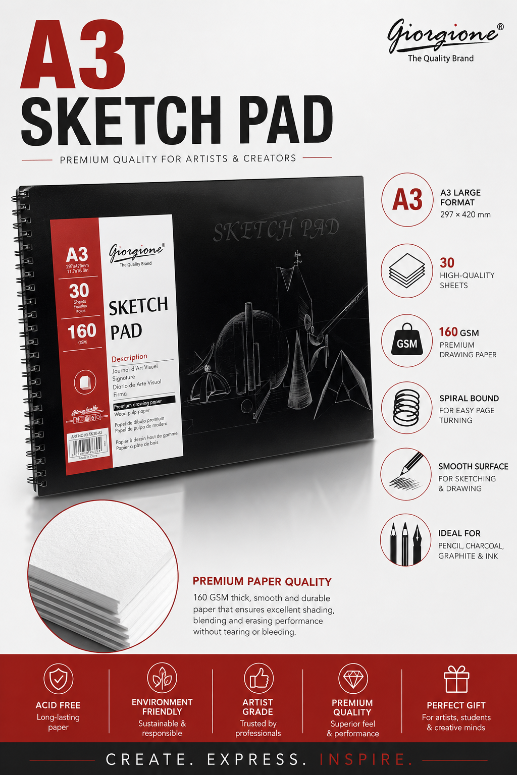 Giorgione A3 Sketch Pad – 160 GSM Premium Drawing Paper, 30 Sheets, Spiral Bound Sketchbook for Artists & Students