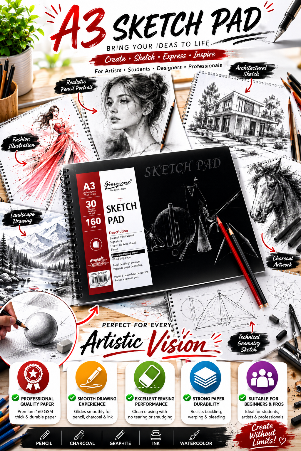 Giorgione A3 Sketch Pad – 160 GSM Premium Drawing Paper, 30 Sheets, Spiral Bound Sketchbook for Artists & Students - Image 3
