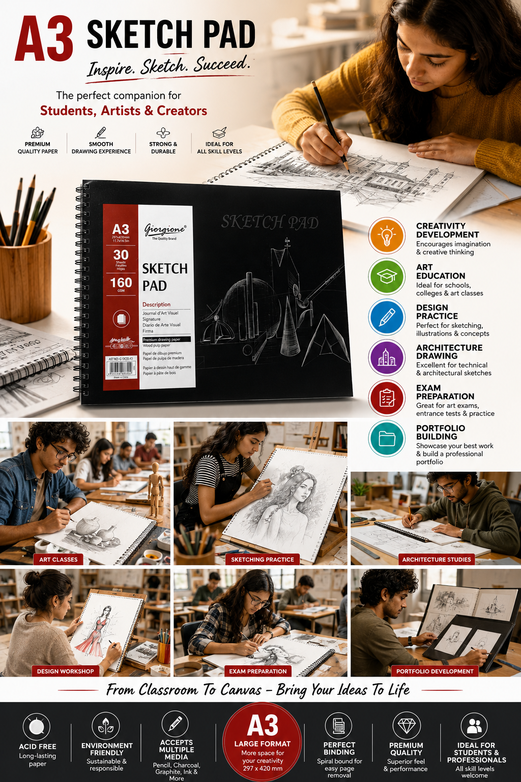Giorgione A3 Sketch Pad – 160 GSM Premium Drawing Paper, 30 Sheets, Spiral Bound Sketchbook for Artists & Students - Image 4