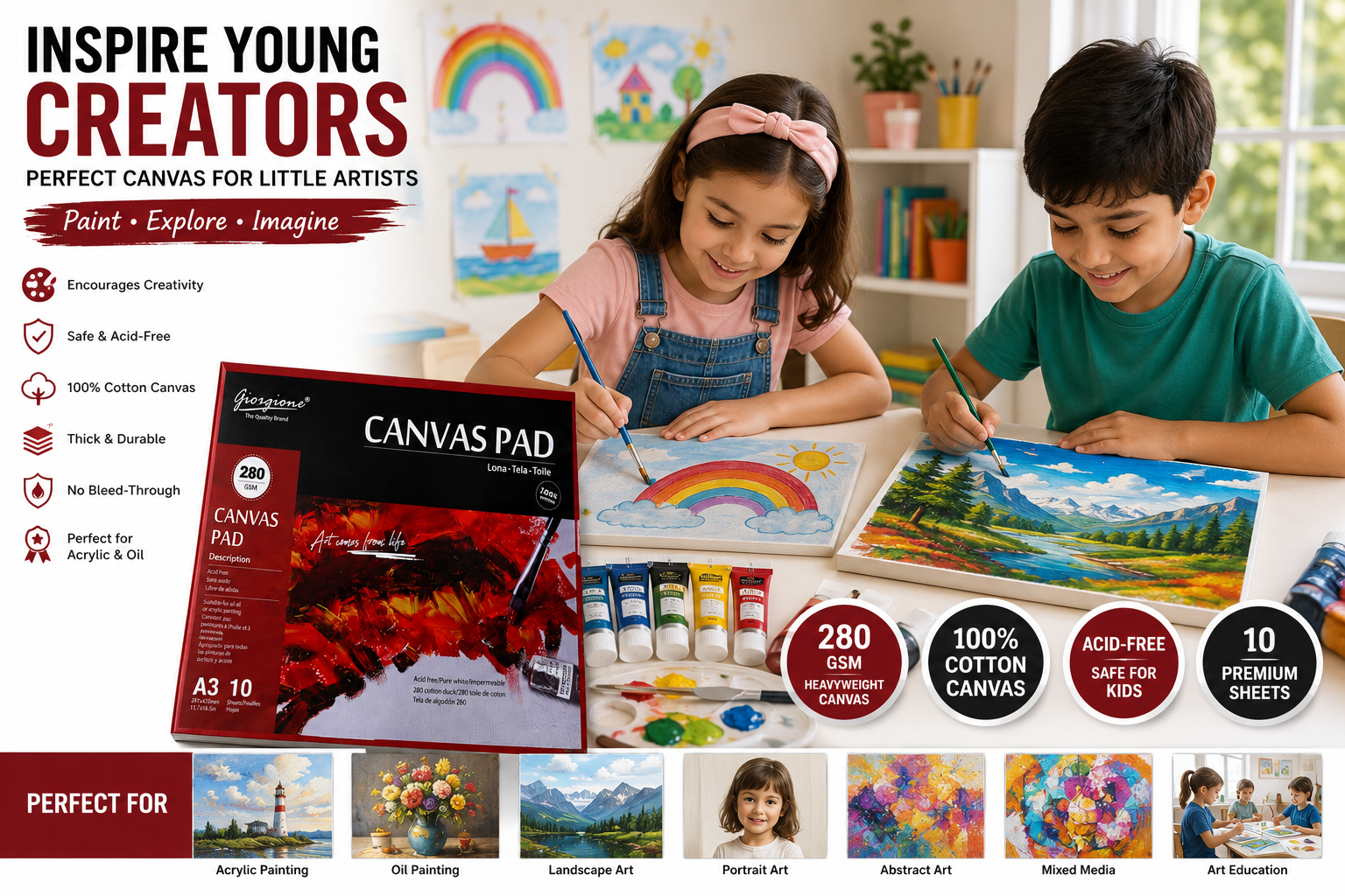 Giorgione A3 Canvas Pad – 100% Cotton Canvas Sheets, 280 GSM, 10 Sheets, Professional Acrylic & Oil Painting Pad - Image 3