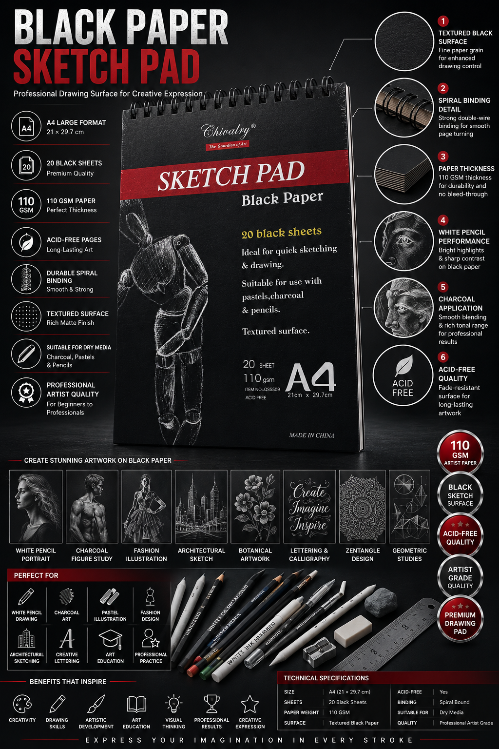 Chivalry A4 Black Paper Sketch Pad – 20 Sheets, 110 GSM Acid-Free Black Drawing Paper for White Pencil, Metallic Pens & Creative Artwork