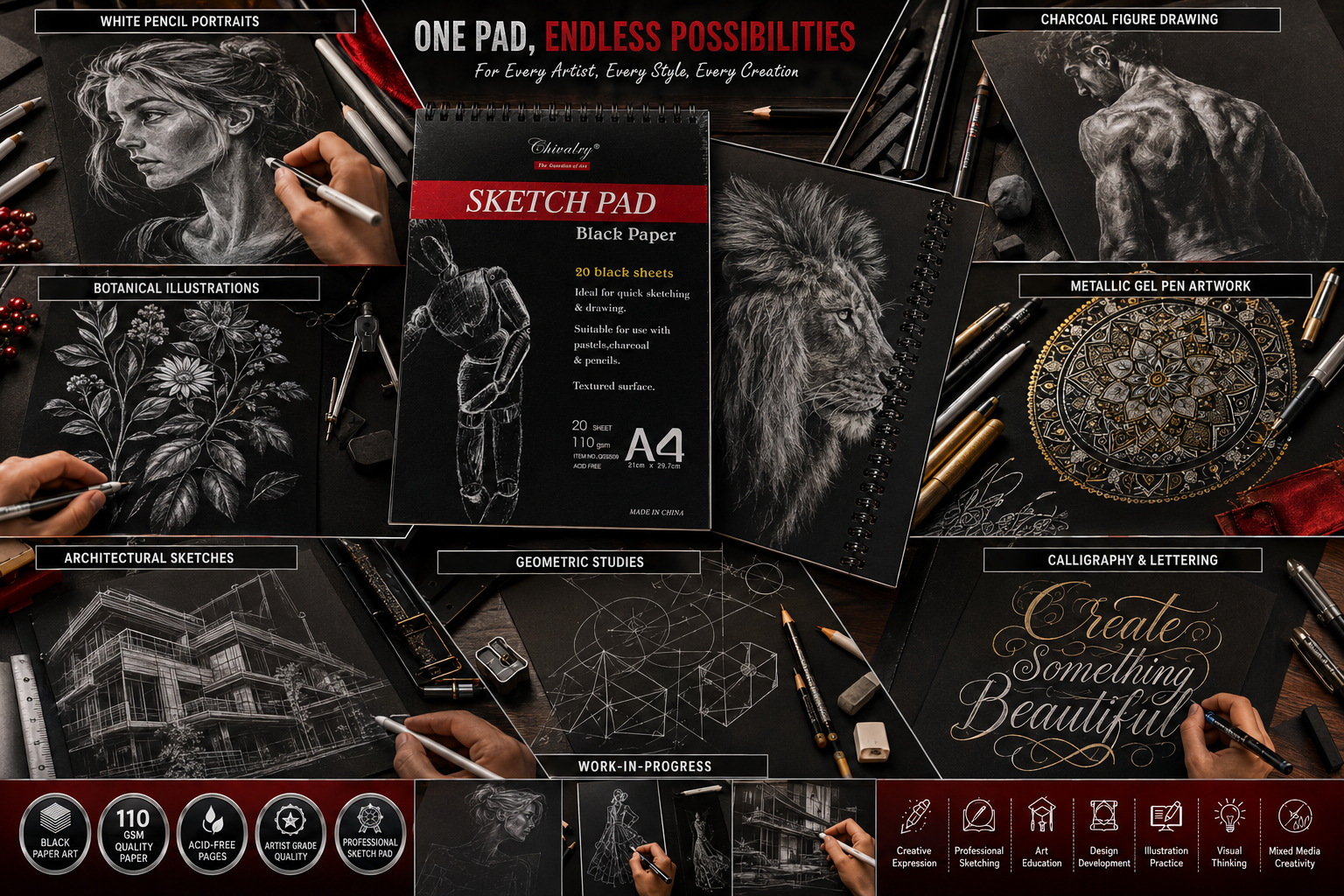 Chivalry A4 Black Paper Sketch Pad – 20 Sheets, 110 GSM Acid-Free Black Drawing Paper for White Pencil, Metallic Pens & Creative Artwork - Image 2