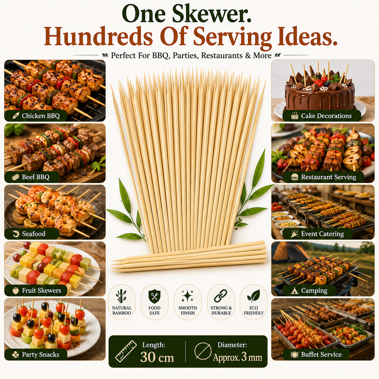 Premium Bamboo BBQ Skewers 30cm | Extra-Long Food-Grade Wooden Skewers for BBQ, Kebabs, Grilling & Catering - Image 2